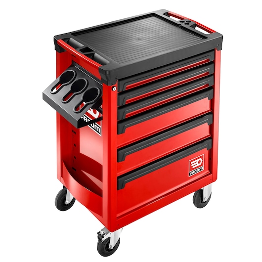 Facom ROLL.6M3A red rolling tool cabinet with five drawers and side tray, front angle on white background.