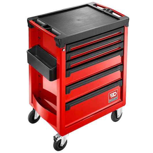Facom ROLL.6M3A red tool trolley with six drawers, plastic top tray, and side bin, photography angled on white background.