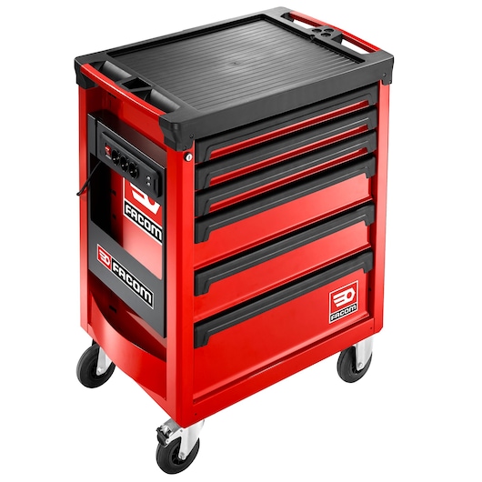 Facom ROLL.6M3A red mobile tool chest with five drawers, side panel, and locking wheels, front angle.