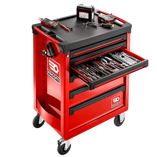 Facom ROLL.6M3A red tool trolley with open drawer showing organized hand tools, photographed at angle.