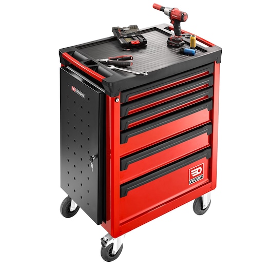 Photo of Facom ROLL.6M3A red and black rolling tool cabinet with tools on top, angled front view.