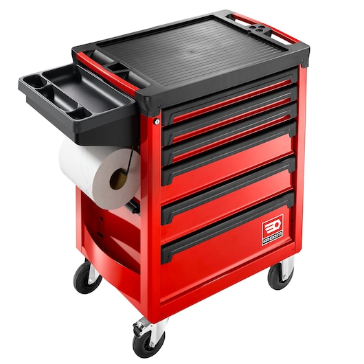 Photo of Facom ROLL.6M3A red rolling tool cabinet with six black drawers, side organizer, and paper roll holder, front angle.