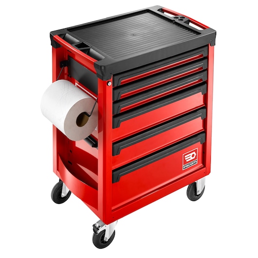 Facom ROLL.6M3A red tool trolley with six drawers, side paper roll holder, and black top, front angle, white background.