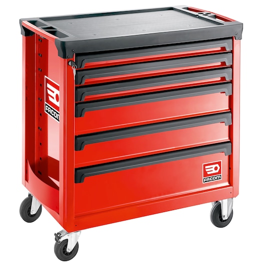 Facom ROLL.6M4A red tool cabinet with five drawers on wheels, angled front view, white background.