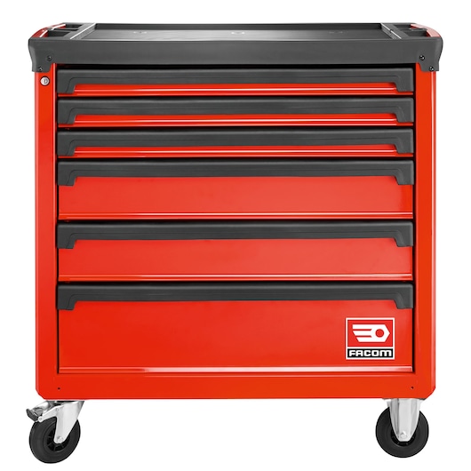 Facom ROLL.6M4A red rolling tool cabinet with six drawers, front view on white background.