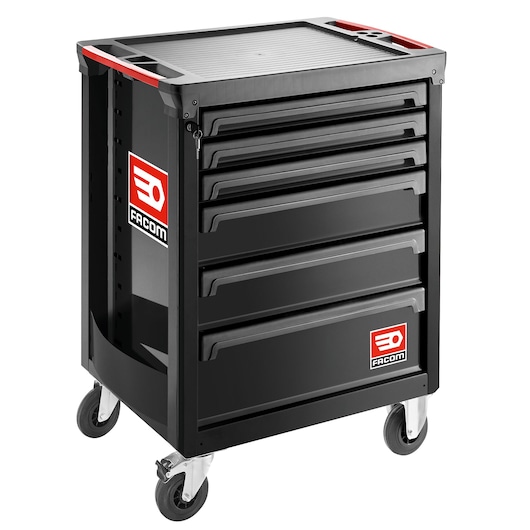 Facom ROLL.6NM3APB black rolling tool cabinet with six drawers, red detail, side branding, photographed at angle.