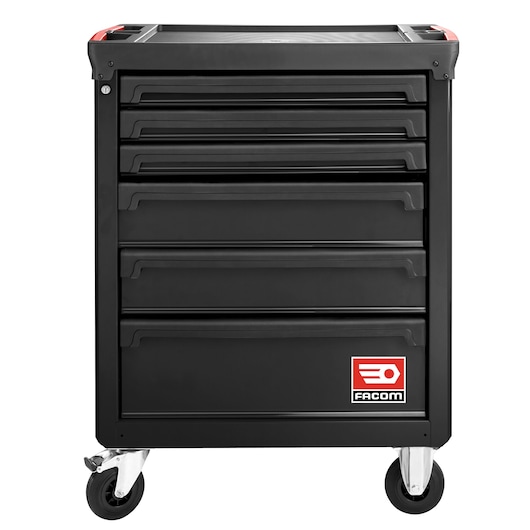 Facom ROLL.6NM3APB black tool trolley with six drawers, front angle on white background.