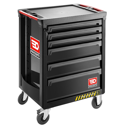 Facom ROLL.6NM3AS black tool trolley with six drawers, side handles, and caster wheels, front angle on white.