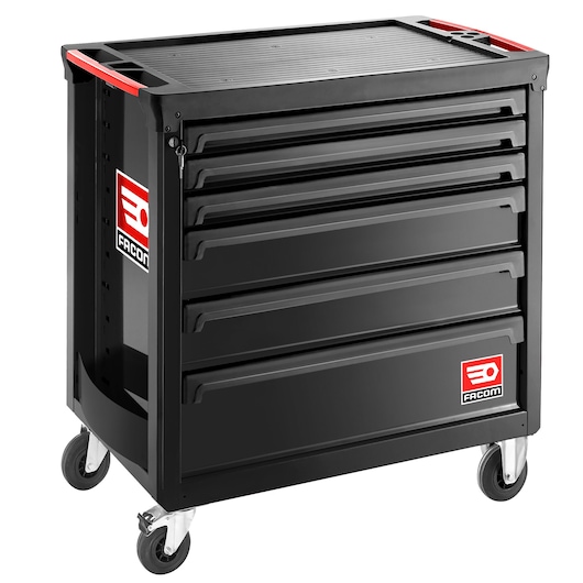 Facom ROLL.6NM4A black rolling tool cabinet with six drawers, front angle, photography on white background.