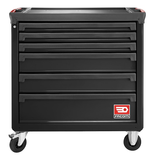 Photo of Facom ROLL.6NM4A black tool chest with six drawers on wheels, front angle.