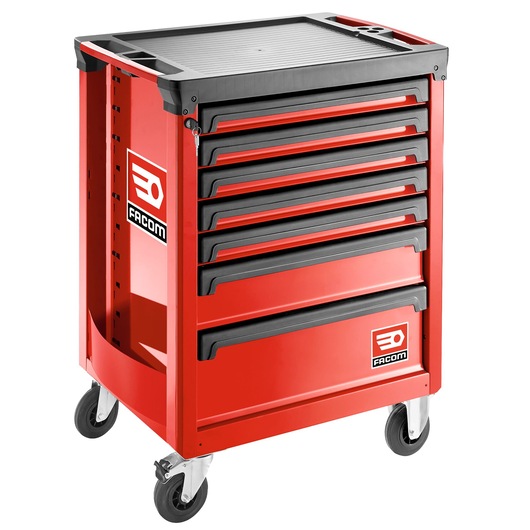 Facom ROLL.7M3A red tool chest with seven drawers and caster wheels, front angle, photography.