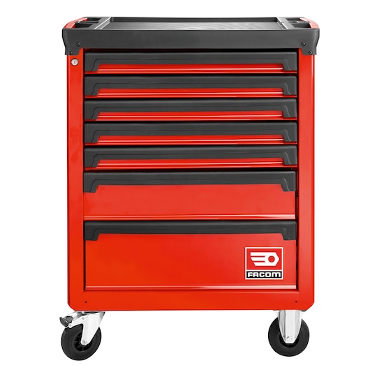 Facom ROLL.7M3A red tool chest with seven drawers, front angle on white background.