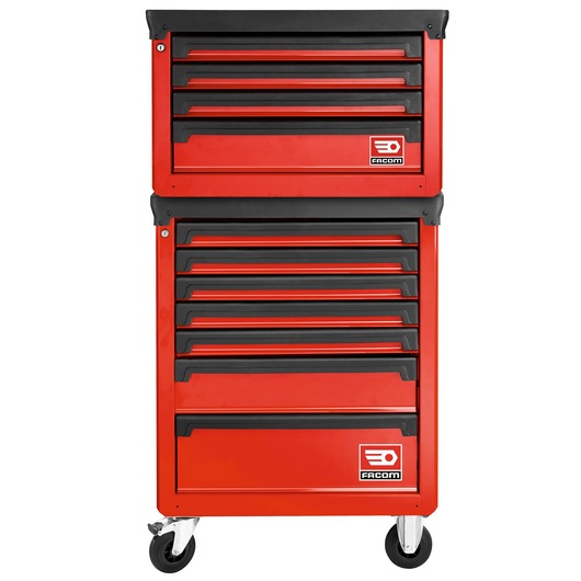 Facom ROLL.7M3A red tool chest with multiple drawers, black handles, and wheels, front view on white background.