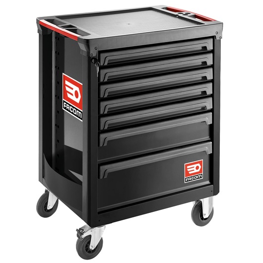 Facom ROLL.7NM3A black tool cabinet with seven drawers, wheels, and red accents, front angle photo.