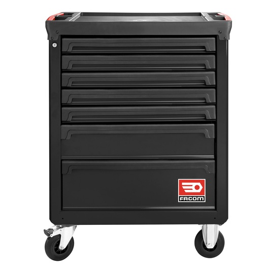 Facom ROLL.7NM3A black rolling tool cabinet with seven drawers, front angle, white background.