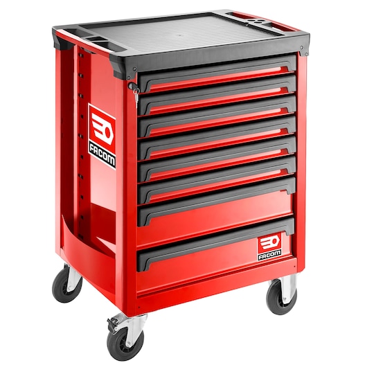 Facom ROLL.8M3A red tool trolley with seven black-handled drawers, side logo, and four caster wheels, front angle.