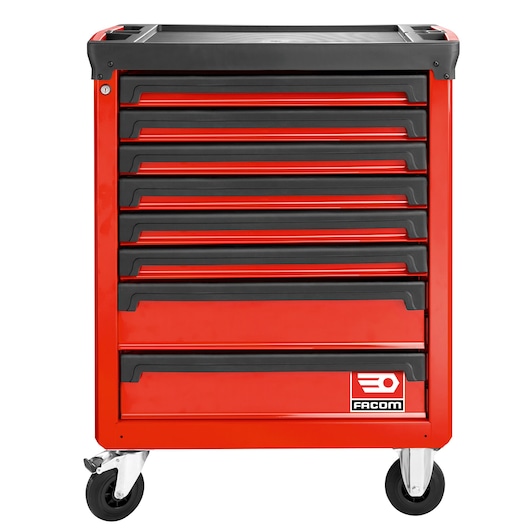 Facom ROLL.8M3A red tool cabinet with seven drawers, black handles and top, front view on white background.