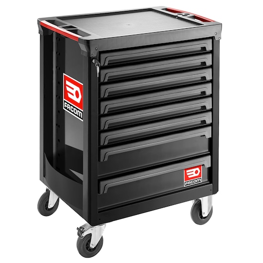 Facom ROLL.8NM3A black rolling tool chest with seven drawers and red accents, front angle, white background.