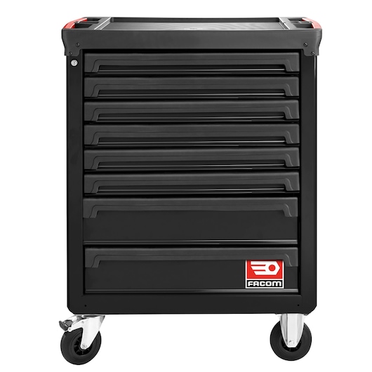 Facom ROLL.8NM3A black tool cabinet with seven drawers and wheels, front angle, photography.