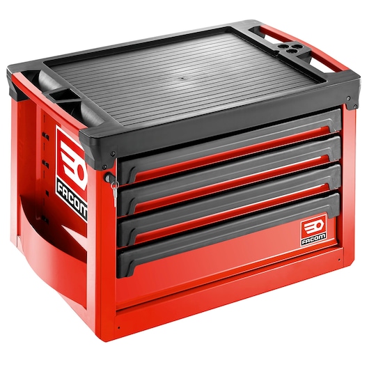 Facom ROLL.C4M3A red tool chest with four drawers, angled view, black handles and top tray.