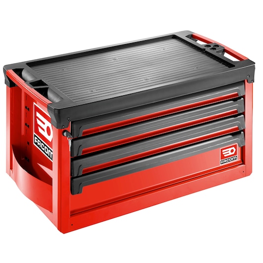 Facom ROLL.C4M4A red and black tool chest with four drawers, side handles, photographed at an angle on white background.