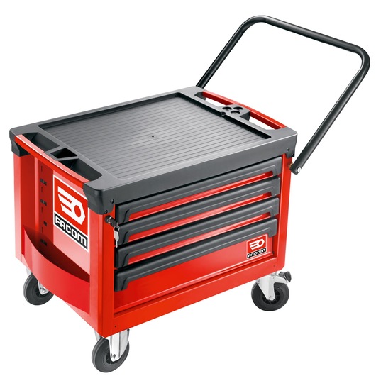 Facom ROLL.CR4M3A red tool trolley cart with four drawers, side handle, and caster wheels, studio angle.