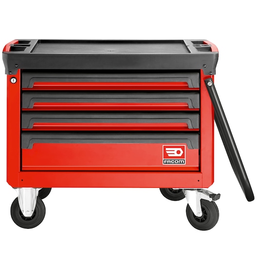 Facom red rolling tool chest with four drawers, ROLL.CR4M3A, side handle, front angle, white background.
