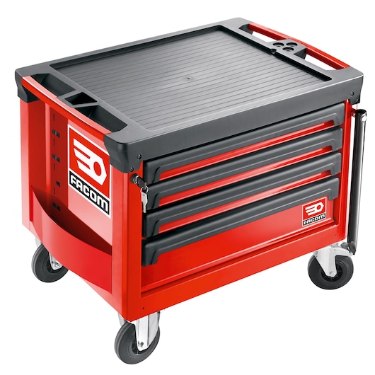 Facom ROLL.CR4M3A red rolling tool chest with four drawers, black trim, side view on white background.