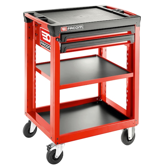 Facom ROLL.UC3S2DM3 red and black rolling tool cart with shelves and a drawer, front angle on white background.