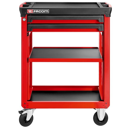 Facom ROLL.UC3S2DM3 red tool trolley with two drawers and two shelves, front angle, white background.