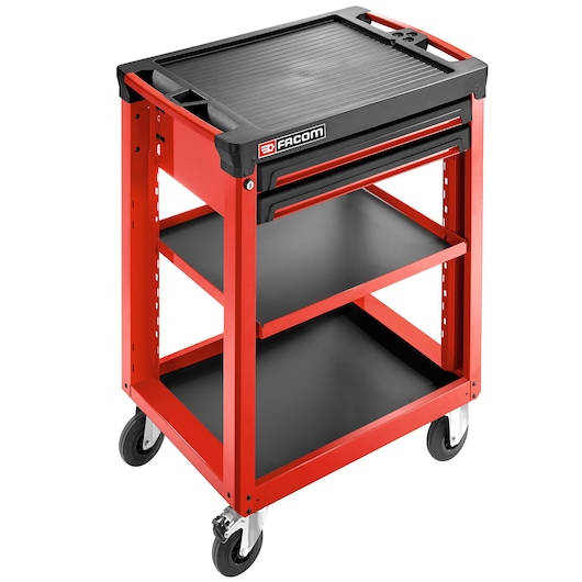 Facom ROLL.UC3S2DM3 red and black tool trolley with three shelves and caster wheels, front angle photo.