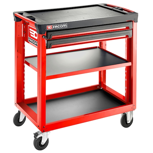 Facom ROLL.UC3S2DM4 red and black mobile tool cart with two shelves and one drawer, front angle.
