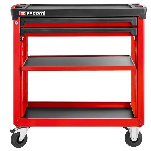 Photo of Facom ROLL.UC3S2DM4 red and black tool trolley with two drawers and two shelves, front view.