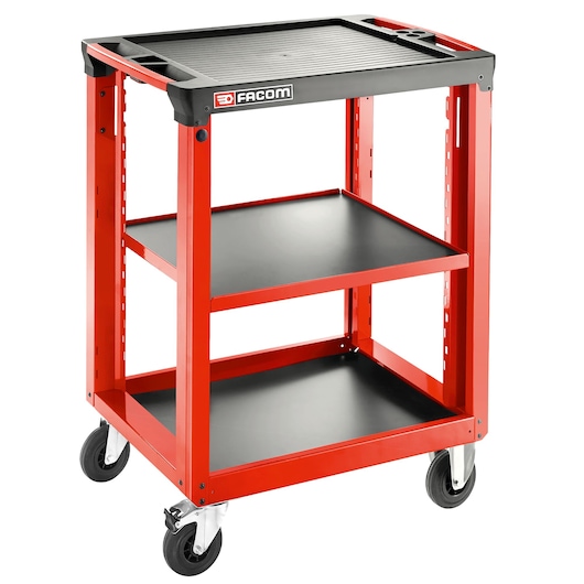Facom ROLL.UC3SM3 red utility cart with three black trays and swivel wheels, front angle photo.