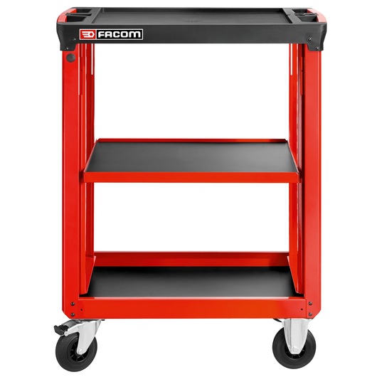 Facom ROLL.UC3SM3 red and black three-shelf rolling tool cart, front angle, photography.