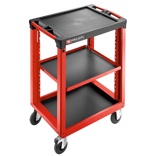 Facom ROLL.UC3SM3 workshop trolley with three black shelves, red frame, and swivel castor wheels, front angle.