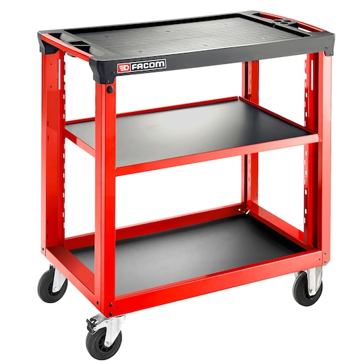 Facom ROLL.UC3SM4 red and black three-shelf mobile tool cart, side angle, white background.