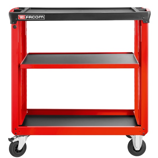Facom ROLL.UC3SM4 red and black three-shelf tool cart, front angle, with caster wheels.