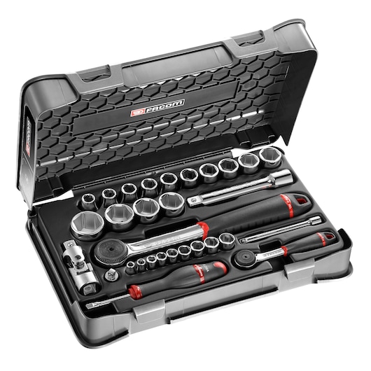 Facom RS.161-1PB socket and ratchet set in black hard case, tools organized in molded tray, photo from above.