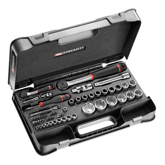Facom RS_161-2 socket and bit set in a black hard case, top angle photo showing tools organized inside.
