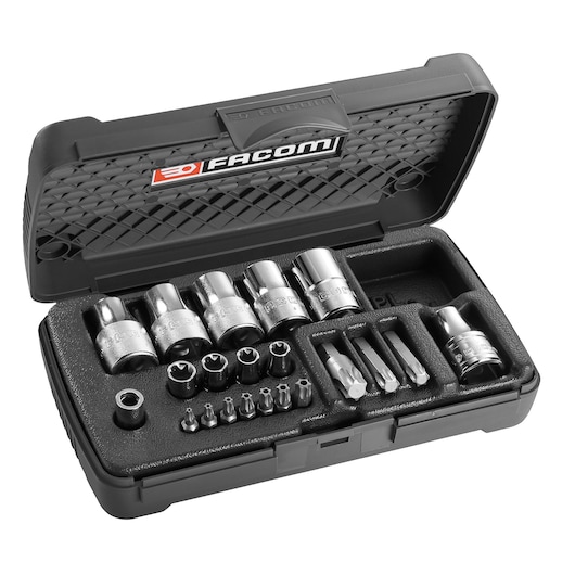 Facom RSX.19BPB socket and bit set in a black plastic case, top view on white background.
