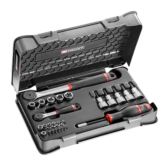 Facom RSX_427AP socket and ratchet set in black hard case, top view on white background.