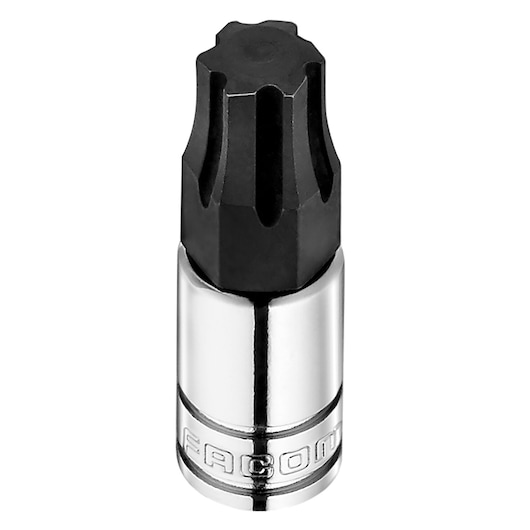 Facom RTM_3GRP socket bit with chrome body and black multi-spline head, tool photography, front angle.
