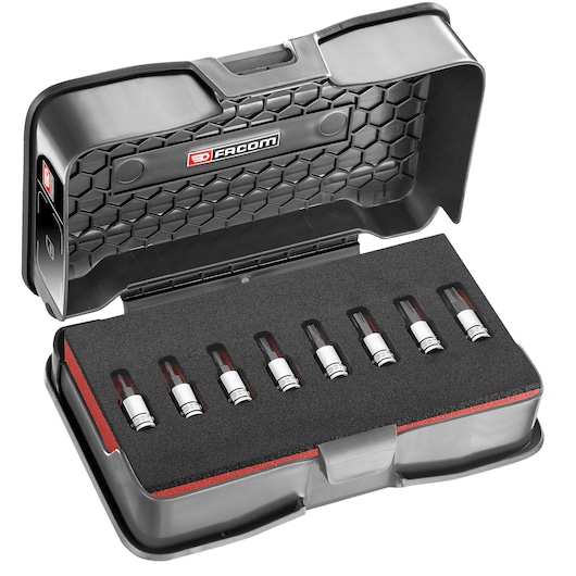 Facom RTM_J8MGRPPB socket set with eight sockets in black plastic case, foam insert, lid open, white background.