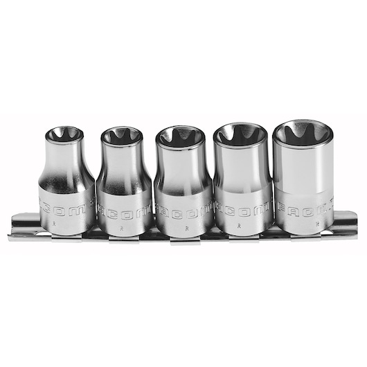 Facom RTX_40 chrome socket set, five pieces on rail, front view, shiny silver finish.