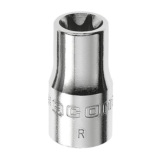 Facom RTX_6 chrome socket, front angle, embossed branding and R marking, white background