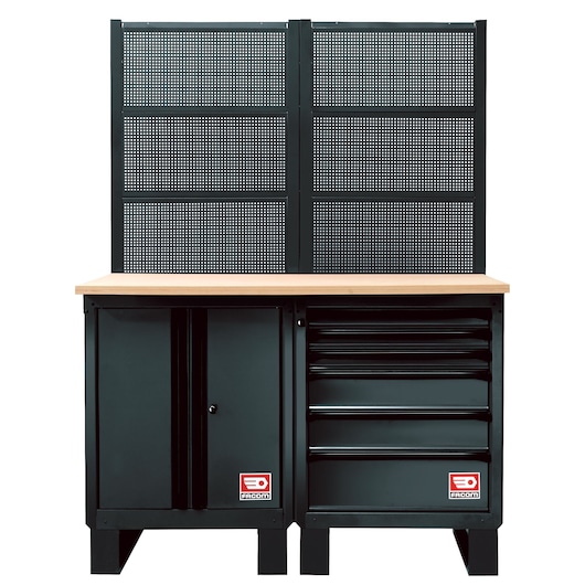Facom RWS-1BS workshop bench with wood top, cabinet, drawers, and black perforated steel panels, front angle.