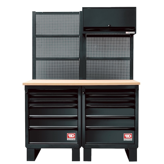 Facom RWS-2BS black metal workbench with wooden top, upper cabinet, pegboard back, and multiple drawers, front view.