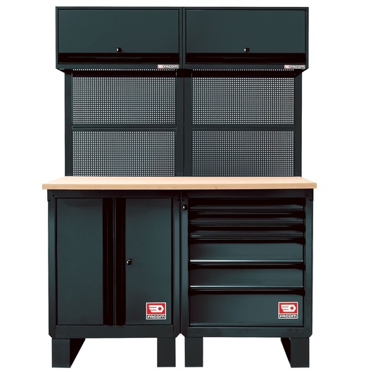 Photo of Facom RWS-3BS workstation with wood top, two upper cabinets, pegboards, lower cabinet, and drawers, front angle.