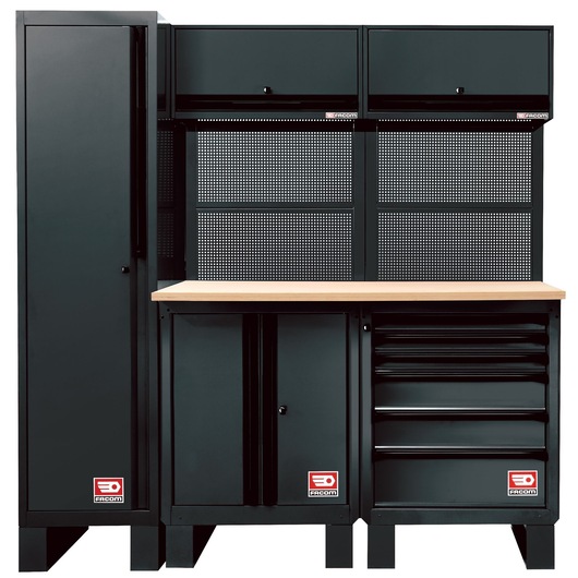 Facom RWS-4BS modular tool storage system with black cabinets and wood worktop, front angle.
